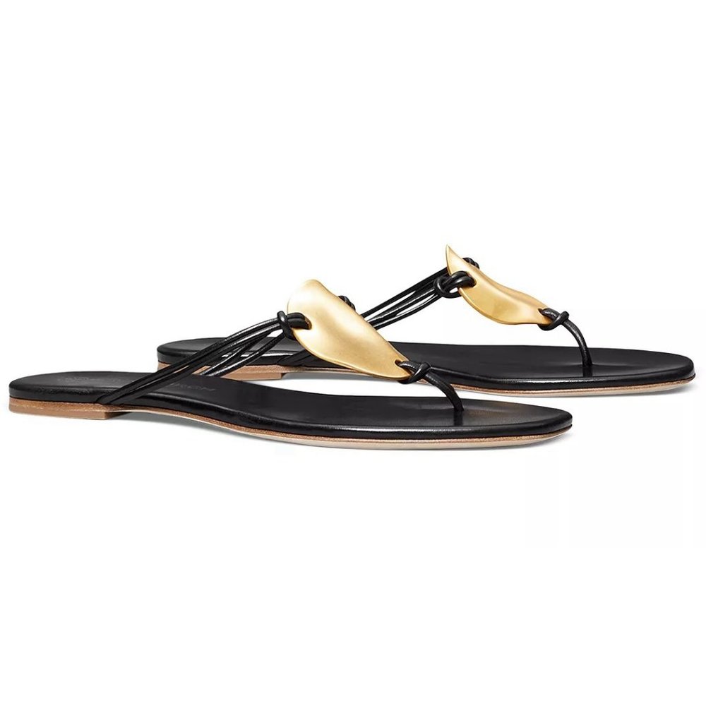 NIB Tory Burch Patos Disk Leather Thong Sandal BLACK US 7 100% AUTHENTIC
